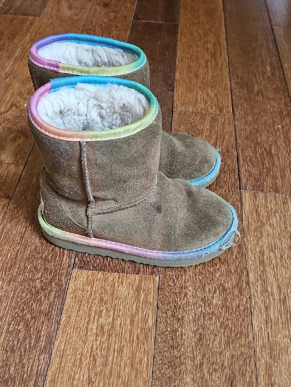 Ugg Brown Shearling Lined Boots with Rainbow Trim
